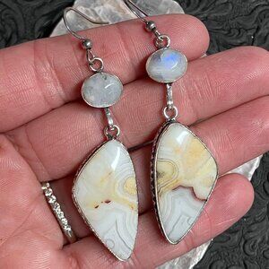 Crazy Lace Agate and Rainbow Moonstone Earrings